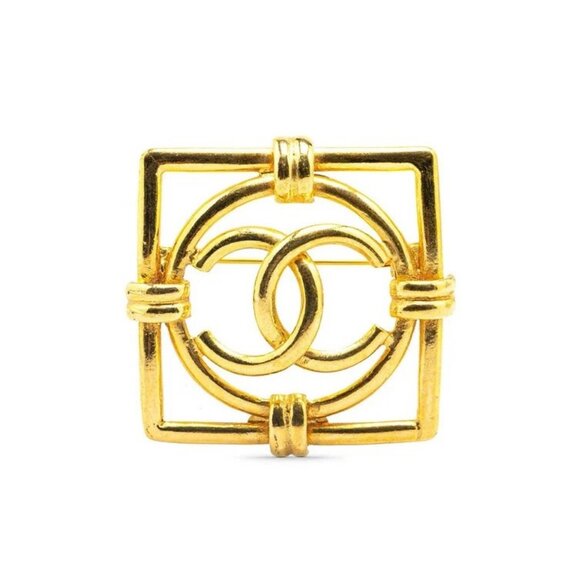 CHANEL CC Logo Square Round Brooch Gold Tone Pin 29 Auth w/Box #08536 - Picture 1 of 4